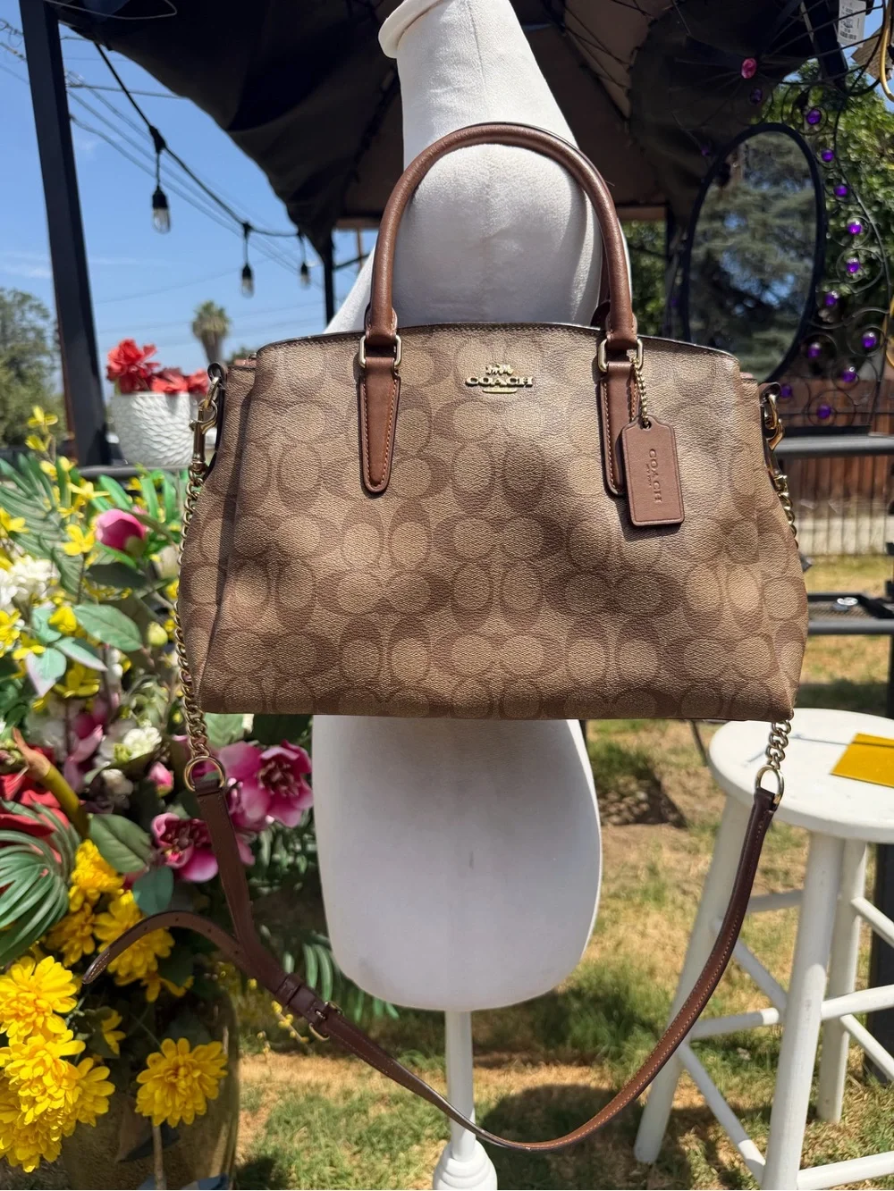 Coach Brown Signature Dome Satchel with Chain-Strap